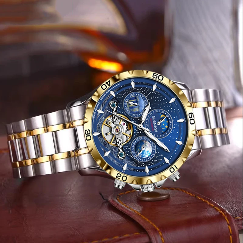 

GLENAW Mechanical Watches Men Calendar Week Moon Phase Phase Automatic Men Business Mechanical Wristwatch Waterproof Earth Watch