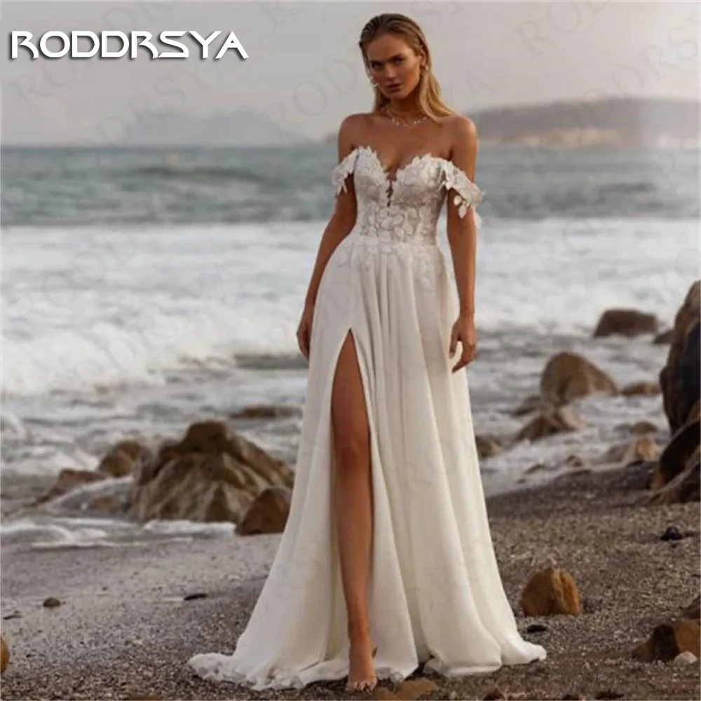 

Пляжная трапециевидная юбка RODDRSYA, блестящая Кружевная аппликация с открытыми плечами, женское платье невесты Пляжное свадебное платье в стиле бохо с кружевными аппликациями Длинные свадебные платья с разрезом на п
