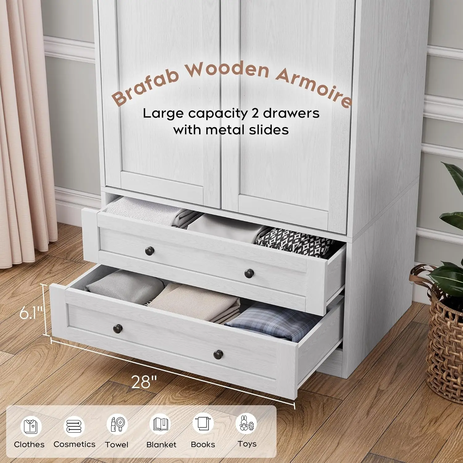 Wardrobe Closet with 2 Modern Doors, 71" Tall Freestanding Closet Wardrobe Cabinet with Drawers and Hanging Rail,