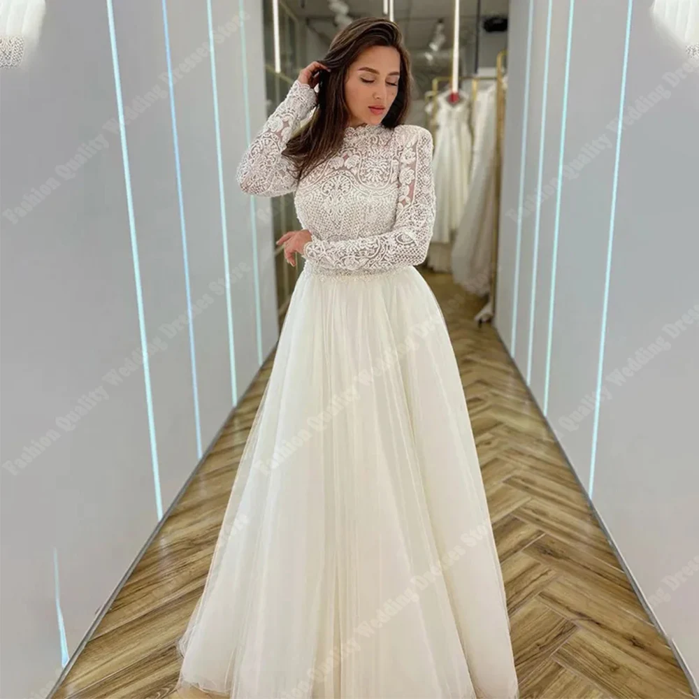 Newest  Applique Lady Wedding Dresses Sexy Fluffy Tulle High Neck Bridal Gowns Handmade Mopping Length Design Vestidos De Novia charming wedding dresses tulle satin v neck full sleeve covered button ball bridal gowns novia do 2021