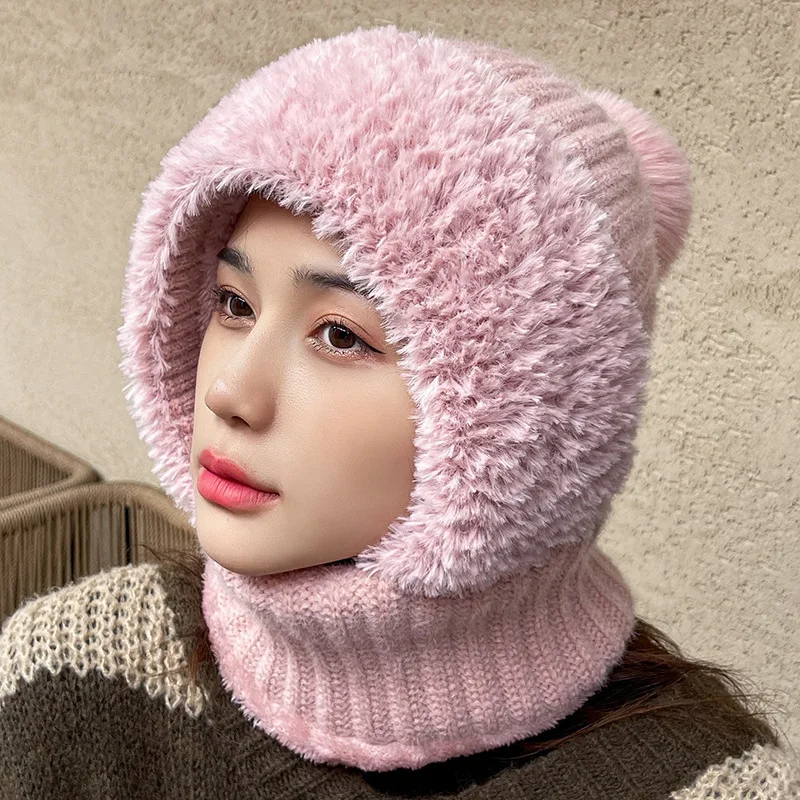 New Warm Scarf Mask Integrated Hat Pompom Windproof Pullover Cap Coldproof Neck Warmer Women