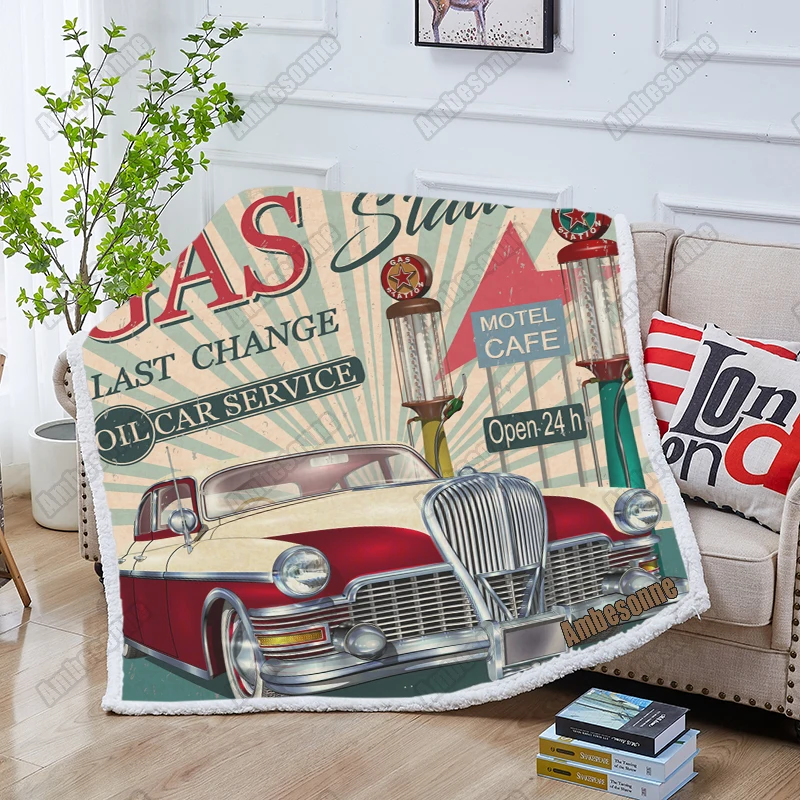 

Custom Blanket Gas Station Retro Poster with Vintage Car Funny Winter Throw Blanket for Sofa Sherpa Bed Blankets Plush Mantas