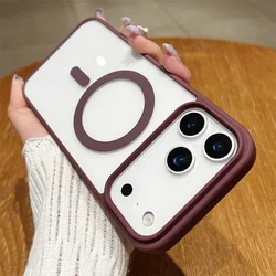 Luxury Magnetic Wireless Charging Case - Transparent Hard Back Cover - iPhone 15 Plus (Wine Red)