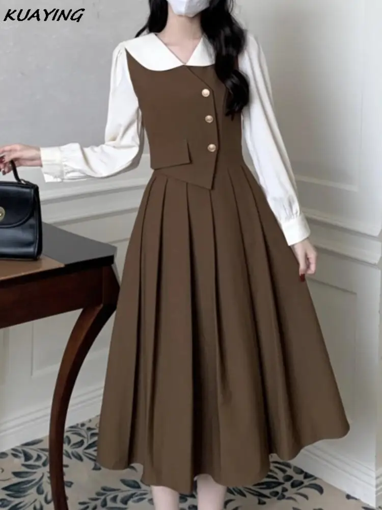 Elegant Patchwork Preppy Style Dress for Women Vintage Single