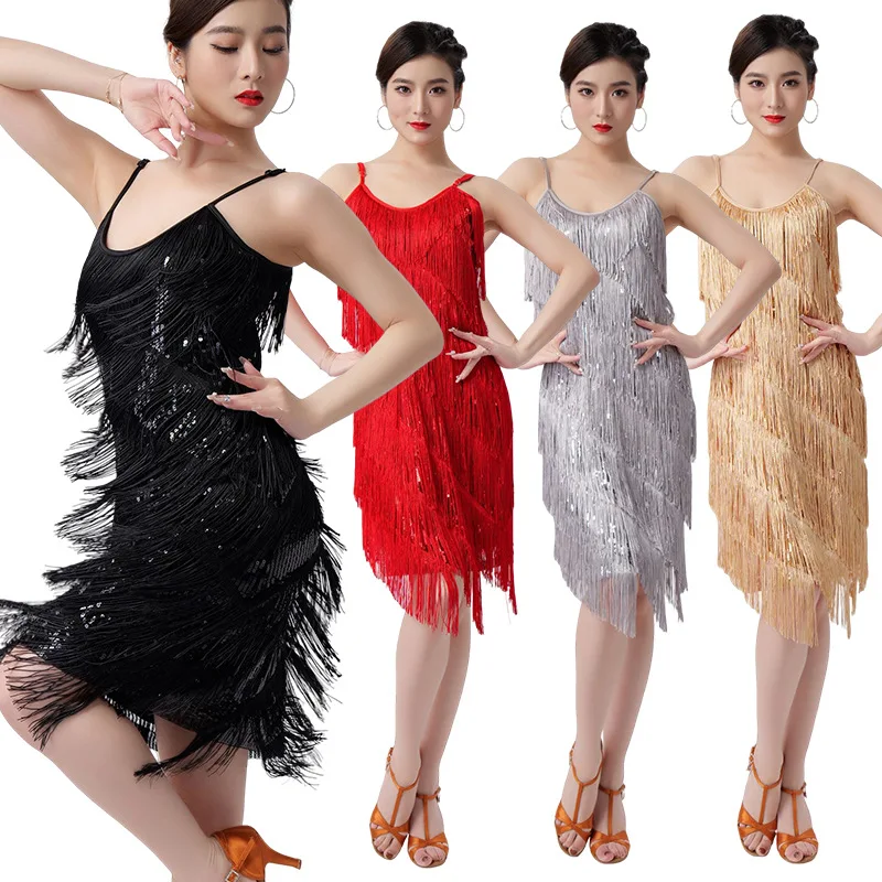 

New adult Latin dance spring sequined fringed skirt dance dress party dress stage costume competition dress