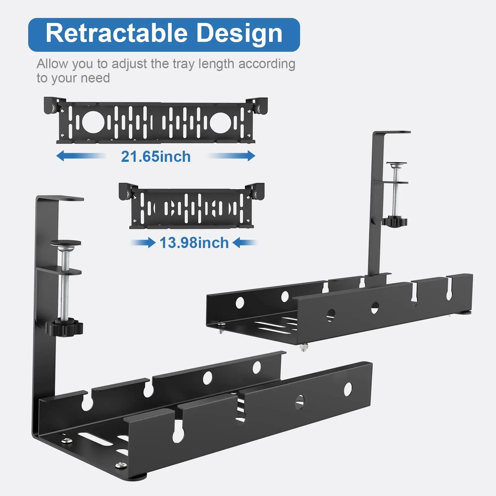 No Drilling Extendable Under Desk Cable Management Metal Cable Tray Under Desk with Clamp Retractable Power Strip Cord Holder