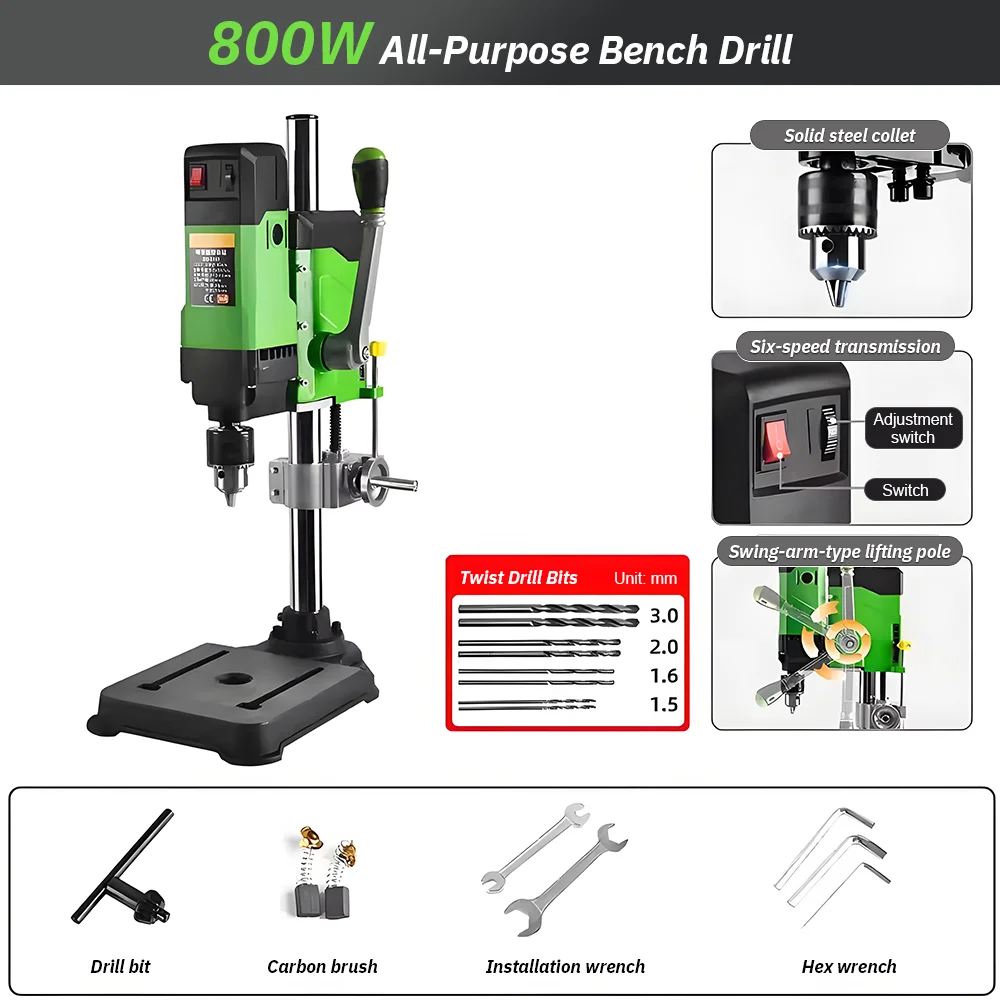 Powerful 800W Mini Drill Press Bench Top Drilling Machine with Drill Bits Kit fo