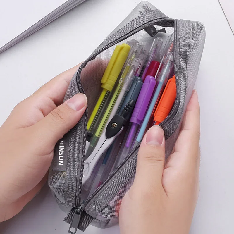 1 Pcs 간단한 메쉬 투명 연필 케이스 보관 펜 가방 지퍼 주머니 휴대용 미니 귀여운 편지지 사무실 학교 용품