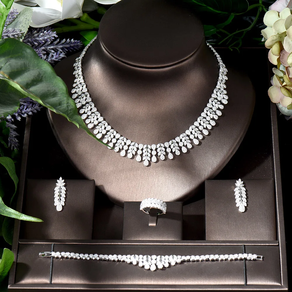 

Fashion Simple Design Leaf Shape Full Cubic Zirconia Earring Bracelet Ring Necklace Sets for Women Bridal Wedding Jewelry N-1116