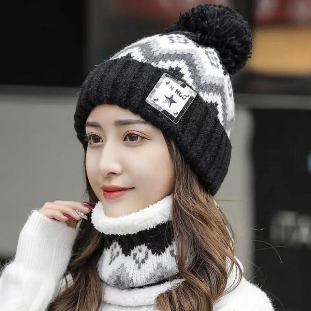 Winter Plus Velvet Beanies Hat Windproof Ear Protection Hat Scarf Set Thick Warm Knit Skull Cap Women