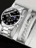 2pcs Fashion Business Calendar Men's Round Roman Scale Steel Band Quartz Watch with Trendy Chain Bracelet Set 1