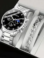 2pcs Fashion Business Calendar Men's Round Roman Scale Steel Band Quartz Watch with Trendy Chain Bracelet Set 1