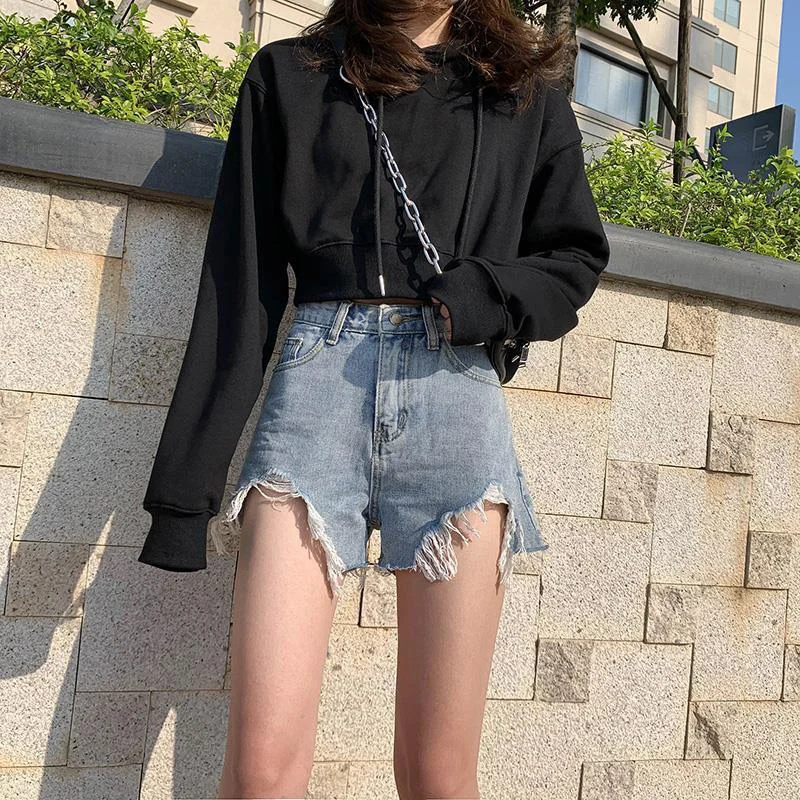Summer Streetwear Y2K Trend Fashion Wide Leg Hole Short Jeans Female High Waist All-match A-line Denim Shorts Women's Clothing
