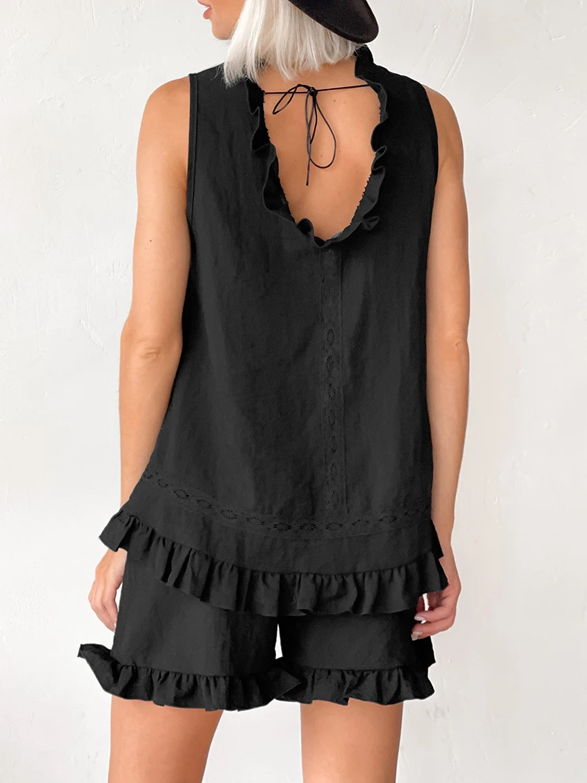 Mathaqiqi Summer Women'S Sleepwear Set O-Neck Pajamas Sleeveless Nightgowns Backless Nightie Shorts Casual Ladies Nightwear Suit