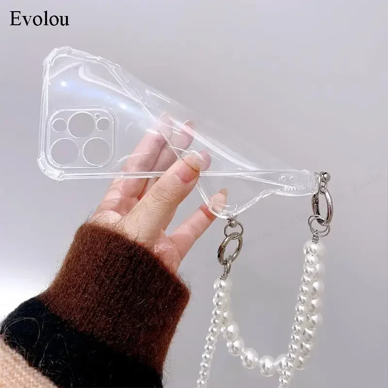 Pearl Chain Crossbody Lanyard Transparent Soft Silicone Phone Case