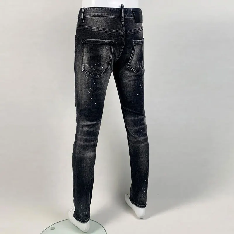 Street Fashion Men Jeans Retro Black Gray Stretch Slim Fit Ripped Jeans Men Leather Patched Designer Hip Hop Brand Pants Hombre