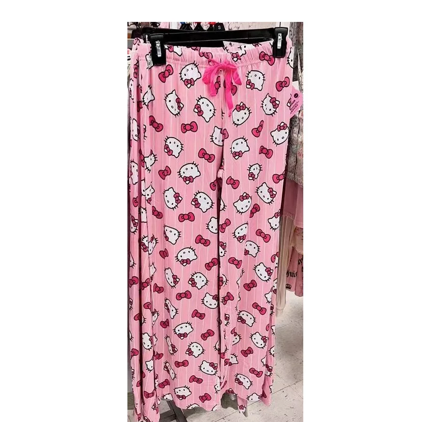 Cartoon Hello Kitty Sleeper Pants For Women Loose Thin Pink Casual Home Pants Outerwear Walking For Girls