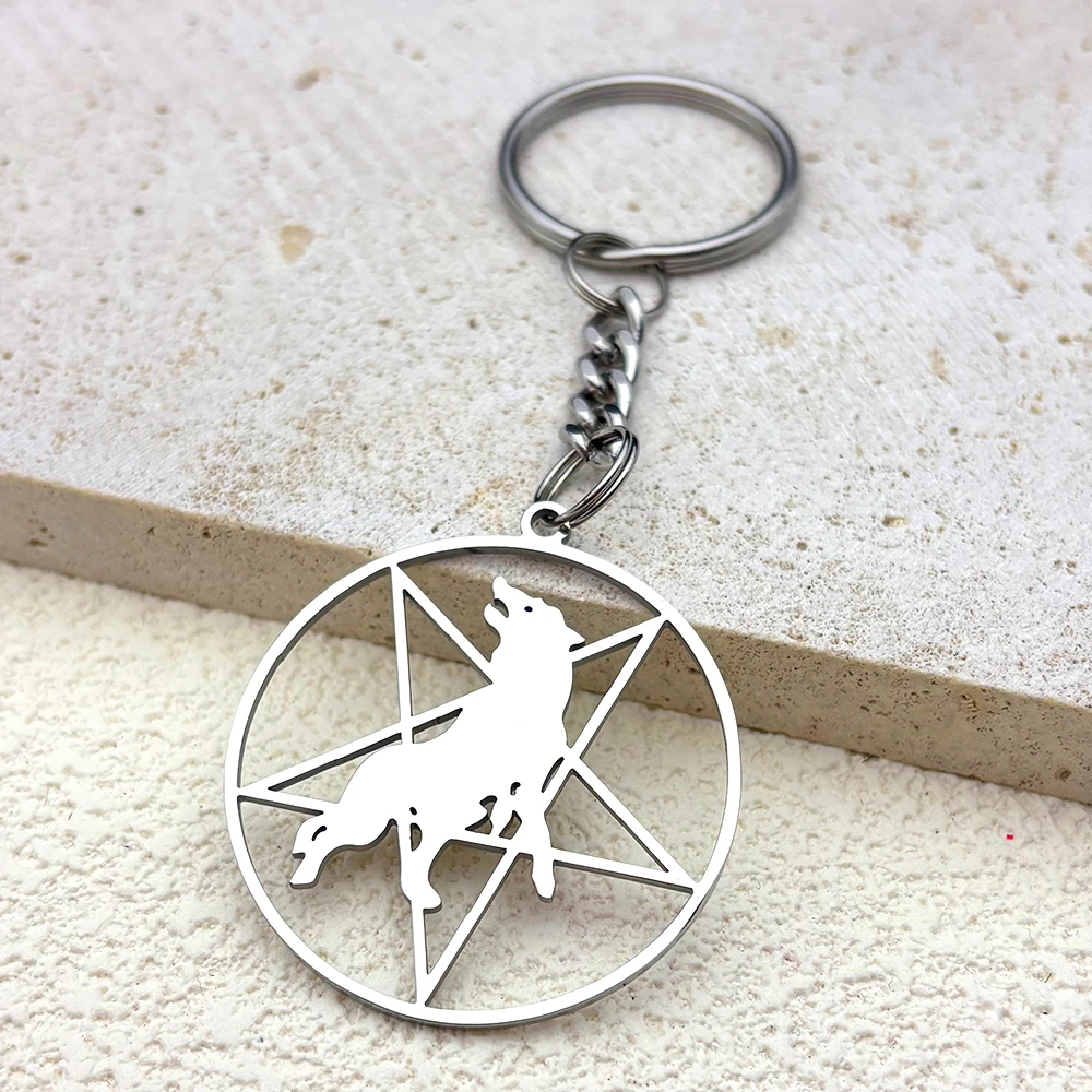 Umgekehrter Pentagramm-Wolf-Edelstahl-Statement-Schlüsselanhänger für Damen und Herren, Edelstahl, silberfarben, Musikband-Schlüsselanhänger, Schmuck