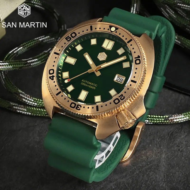 

San Martin Retro Turtle Cusn8 Bronze Diver Watch 20 Bar Waterproof Sapphire Mirror Luxury NH35A Men Mechanical Sports Wristwatch