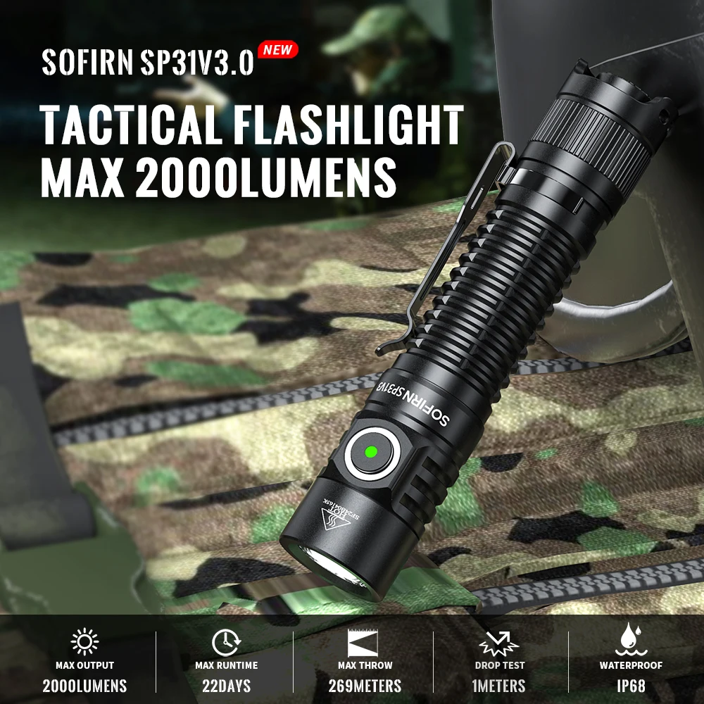Sofirn 강력한 전술 손전등, SP31 V3.0, 2000lm SST40 LED 토치 18650, USB C 충전식 라이트 램프, 듀얼 스위치 포함