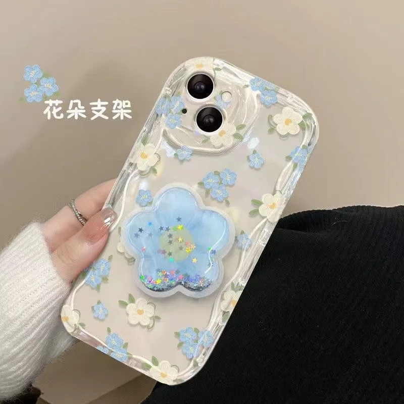 Chic Blue Floral Quicksand Grip Phone Case with Soft Holder