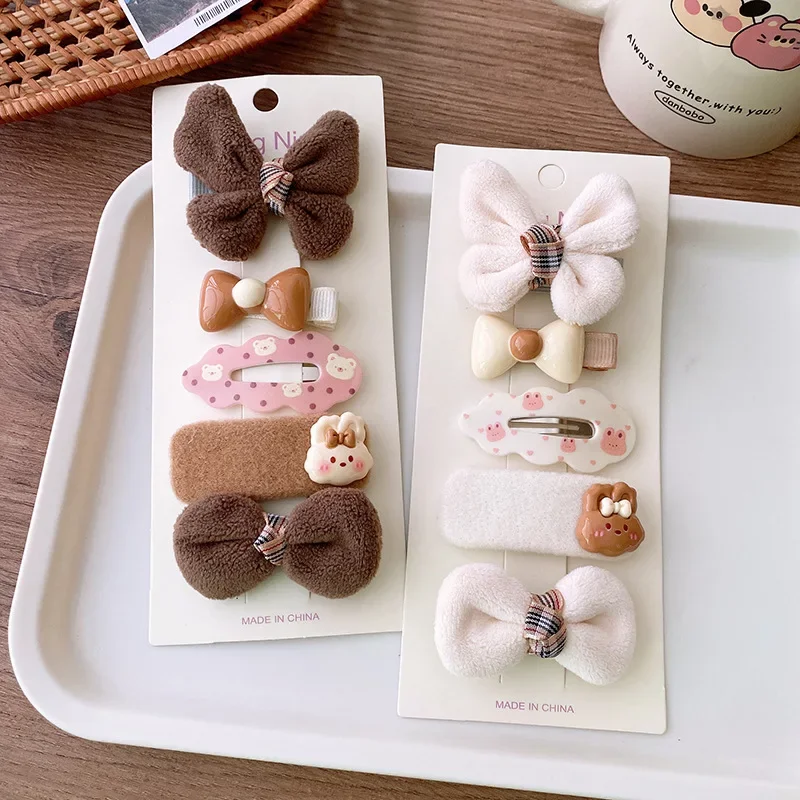 Autumn Winter Hair Accessories for Baby Girls Bows Hair Clips Brown Cartoon Bunny Plush Hair Pins Cute Korean Kids Headdress