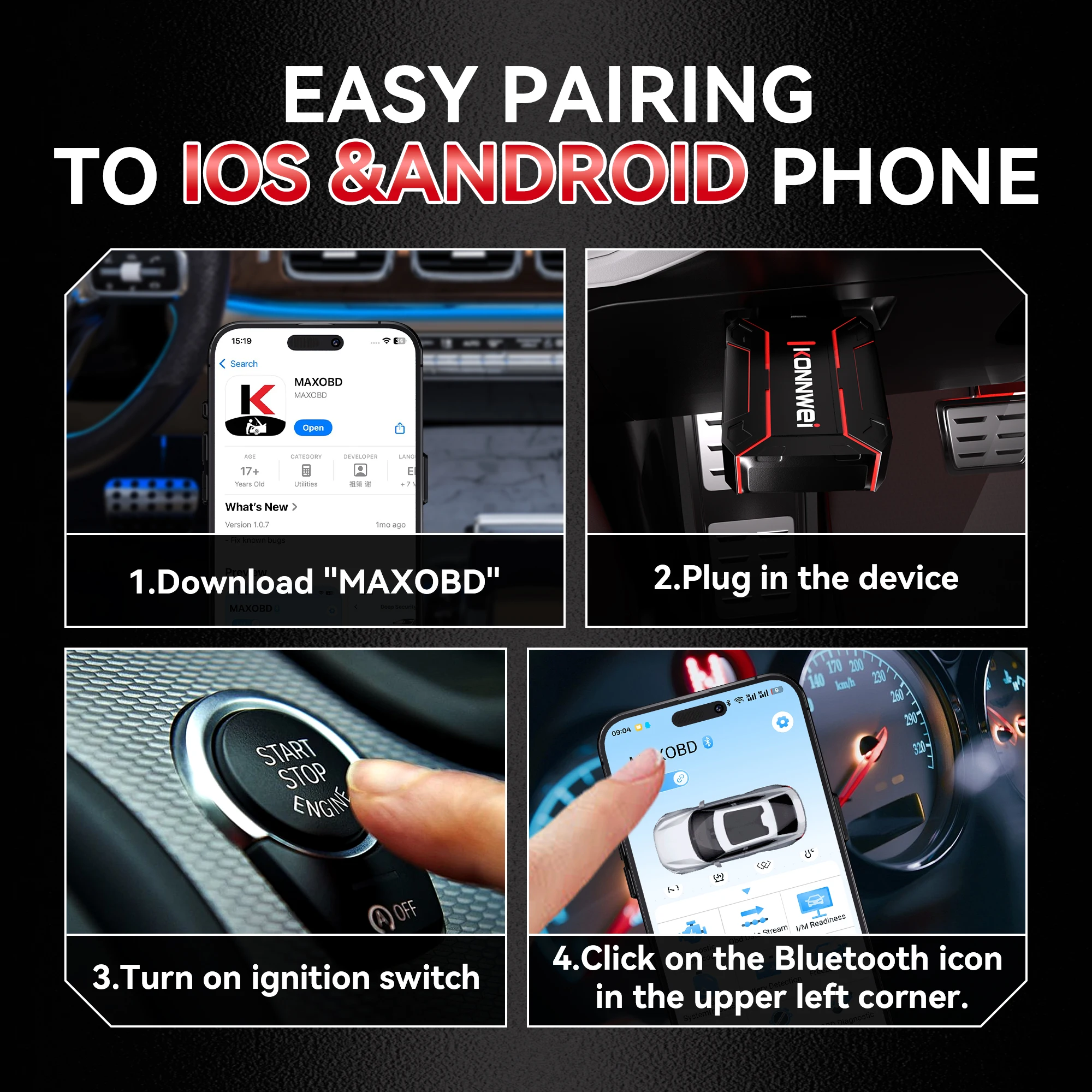 Viecar Scanner OBD2 Bluetooth 4.0 Per Auto - Diagnostica Per IPhone/iPad/Android Con Funzione HUD