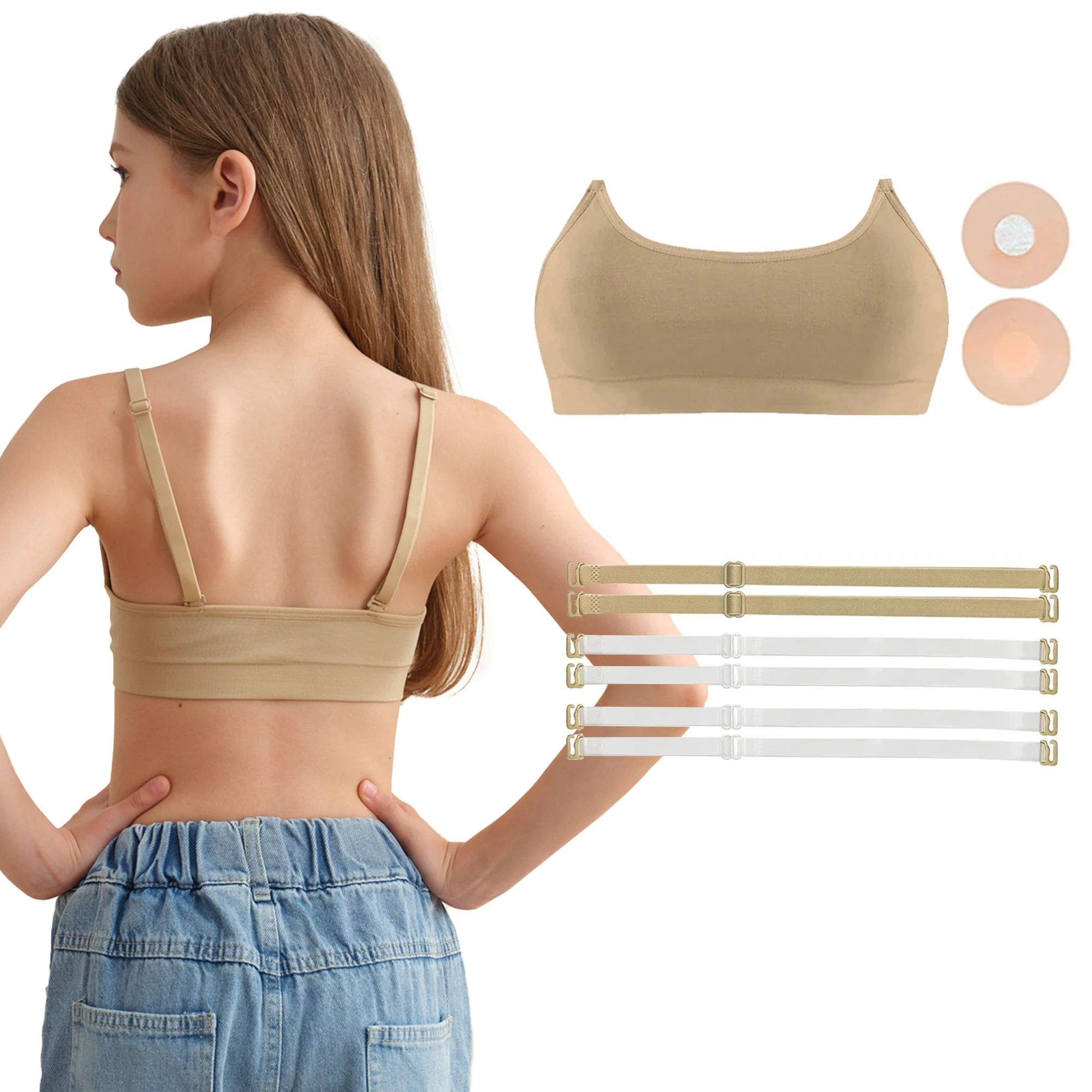 Youth Ballet Dance Bandeau Bra with Clear Straps and Chest Pads - Nude Seamless Design (2-Pack)