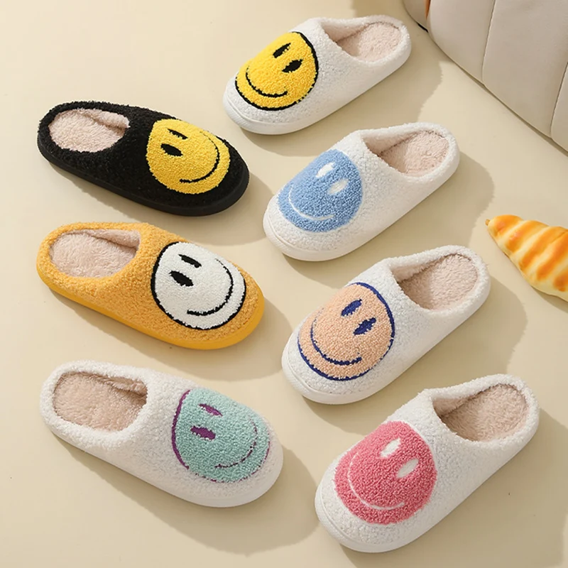 Lucyever Smile Face Cotton Slippers Women 2024 Cute Thick Sole Anti Slip Home Shoes Woman Winter Keep Warm Couple Sldies Indoor