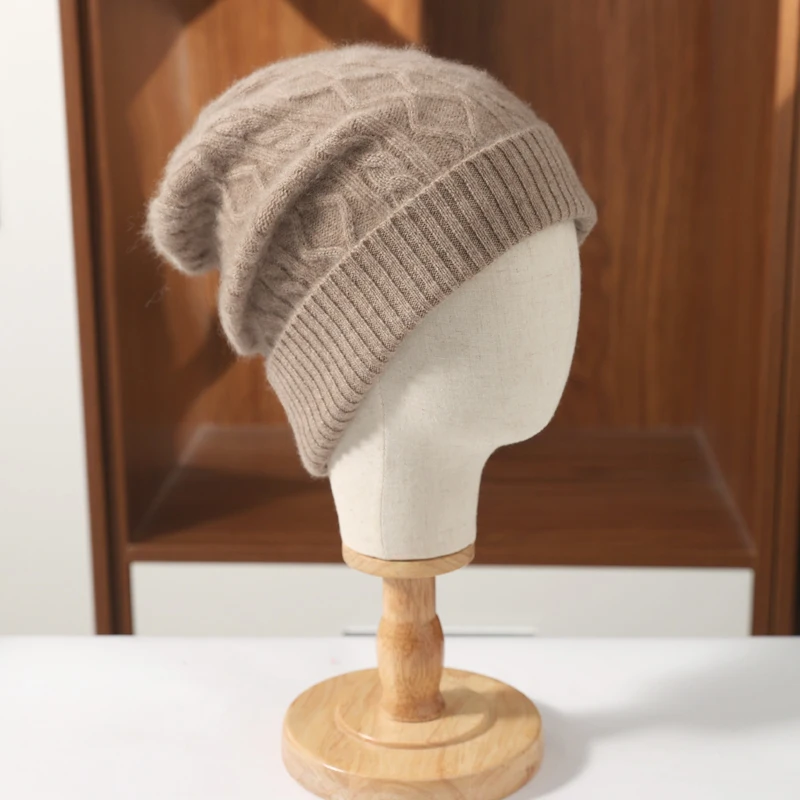 100%Wool Women's Winter Beanies Hat Warm Soft Luxury Woollen Caps Knitted Bonnet y2k Rhombus Slouchy Skullies Cap  For Lady 2