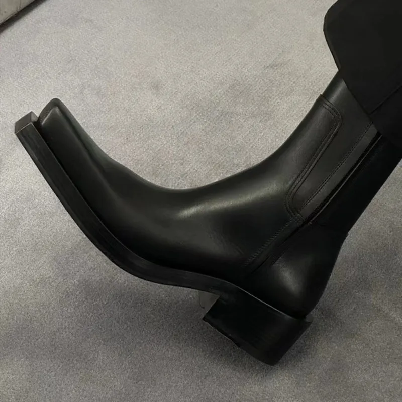 Square Headed Thick Heeled Female Knight Zipper with Dark Thick Soles for with Cigarette Butts, Chelsea Leather Boot Trend