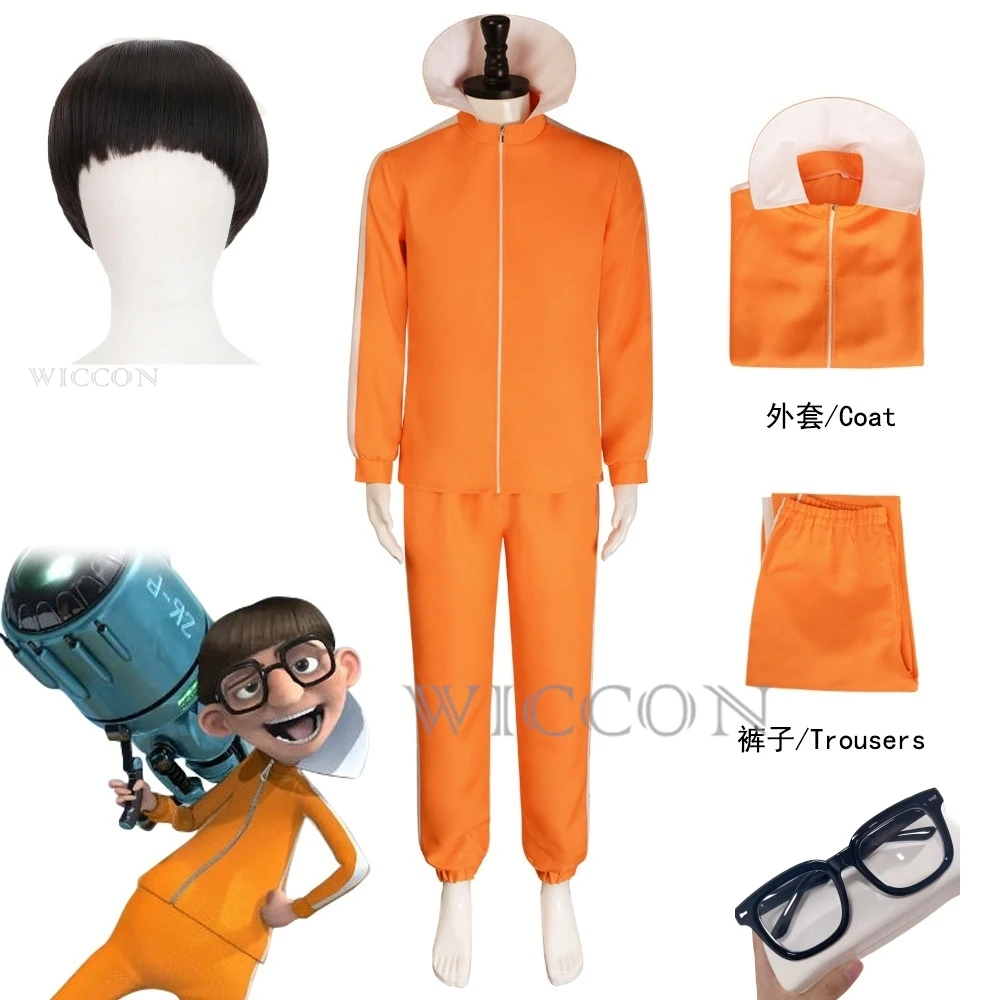 thumbnail image 1 of Disfraz de cosplay de la película Vector, conjunto de pantalón y gafas con chaqueta naranja, peluca con forma de hongo, traje elegante de Halloween, traje de fiesta, 1 of 4
