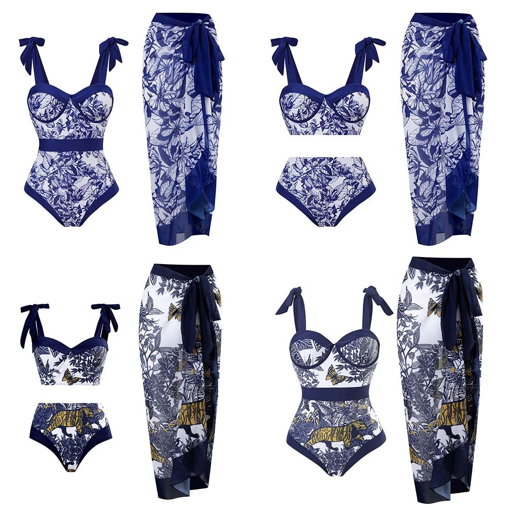 

Womens Swimsuits Printing Square Neck Abstract Vacation One Piece or Bikini with Cover Up