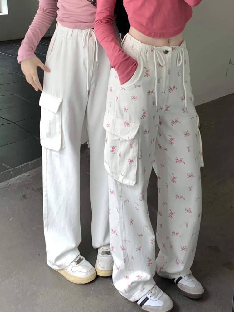 

4colors SM Korean Safari Style Street trouser female Autumn 2023 Lace Up high waist Floral Straight long pants womens (X2990)