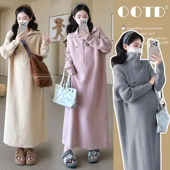 Maternity Dress Autumn Winter New Arrival Minimalist Lazy Soft Loose Stand Collar Knitted Sweater Dress For Pregnant Women