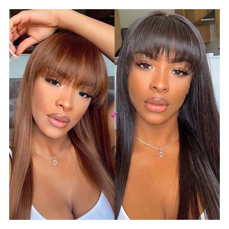 Remy Human Hair Wigs Full Wig with Bang Brown Natural Color Long Straight Machine Made Wig with Fringe No Glue Bobbi Collection