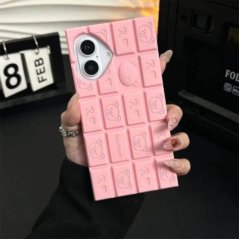 For iPhone 15 14 13 12 Pro Max 11 16 Pro Max Chocolate Rilakkuma Bear 3D Cartoon Phone Case Funny Soft Silicone Cover 3