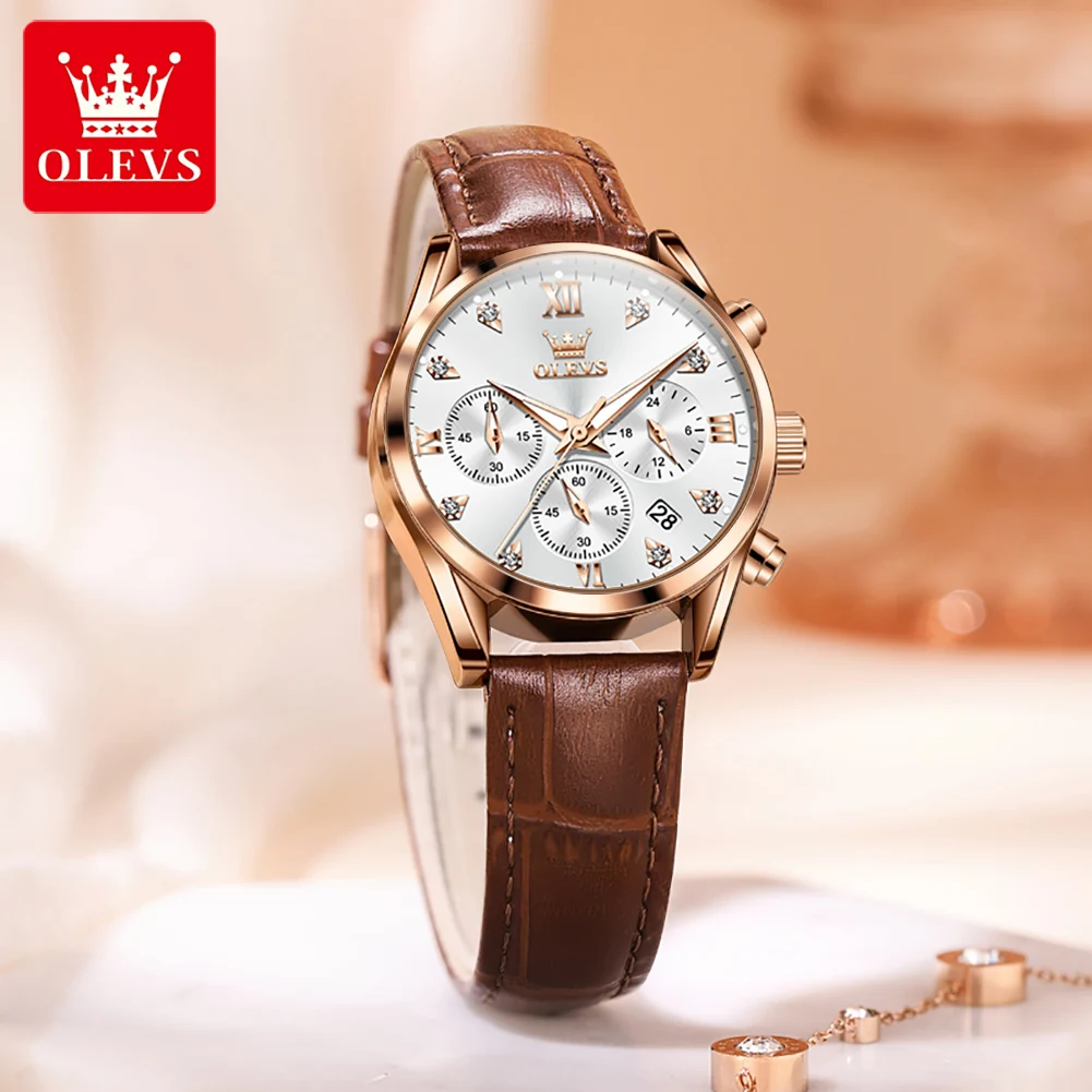 OLEVS Luxury Watch for Women Quartz Leather Strap Women Watches Multi-functional Dial Waterproof Luminous Chronograph Wristwatch