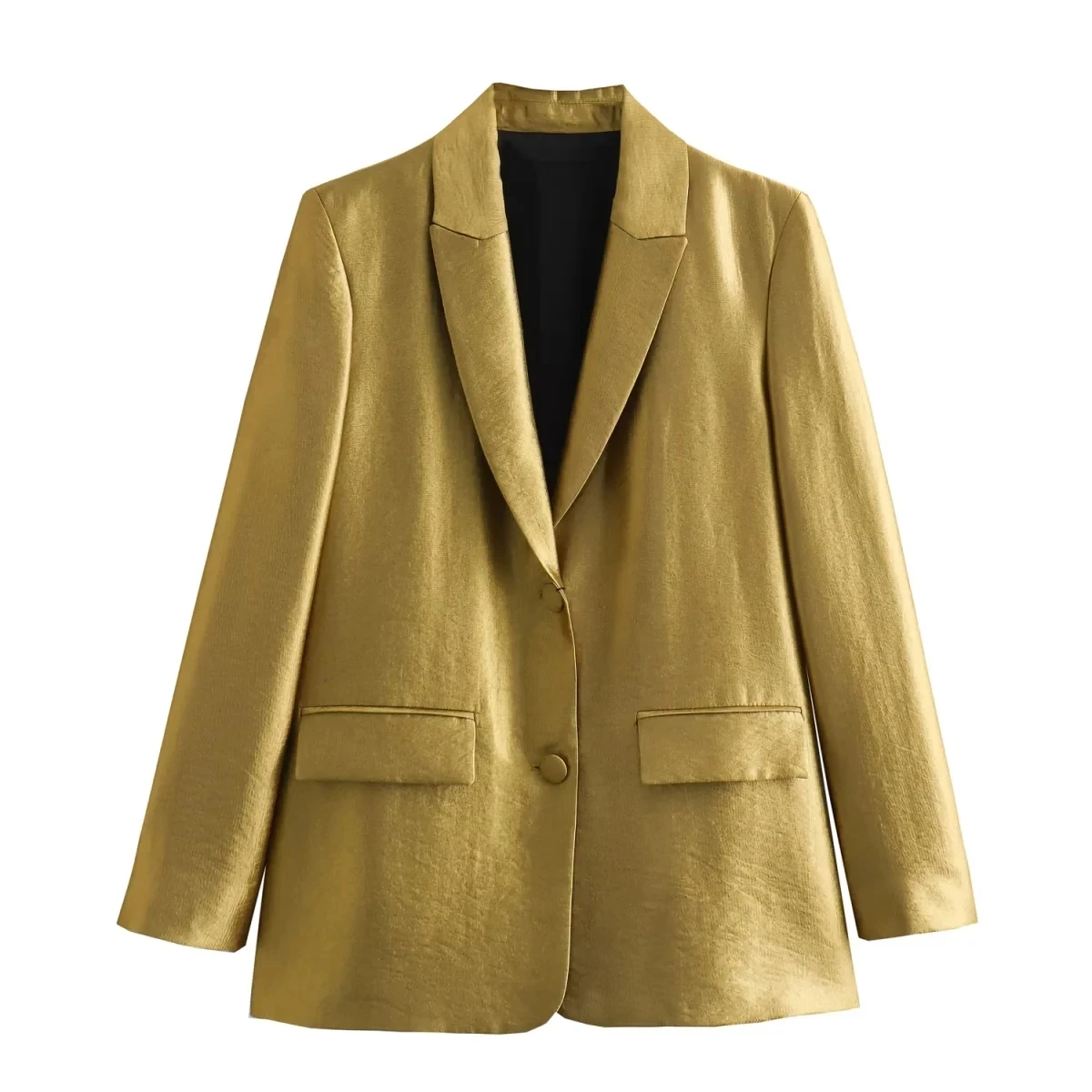 

TRAF Gold Blazer Woman 2023 Vintage Lapel Button Pocket Jacket Coat Luxury Women's Long Sleeve Blazers Autumn New In Outwears