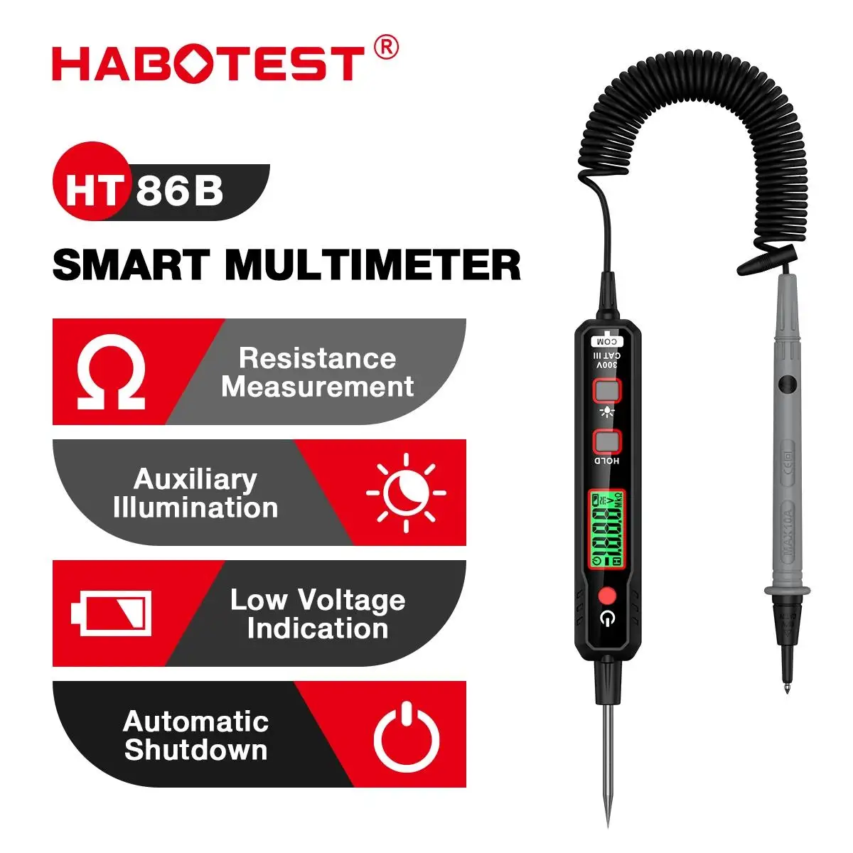 HABOTEST Digital Multimeter HT86B, 12 300V AC DC digital voltage detector electrician tools pen shaped multimeter voltmeter