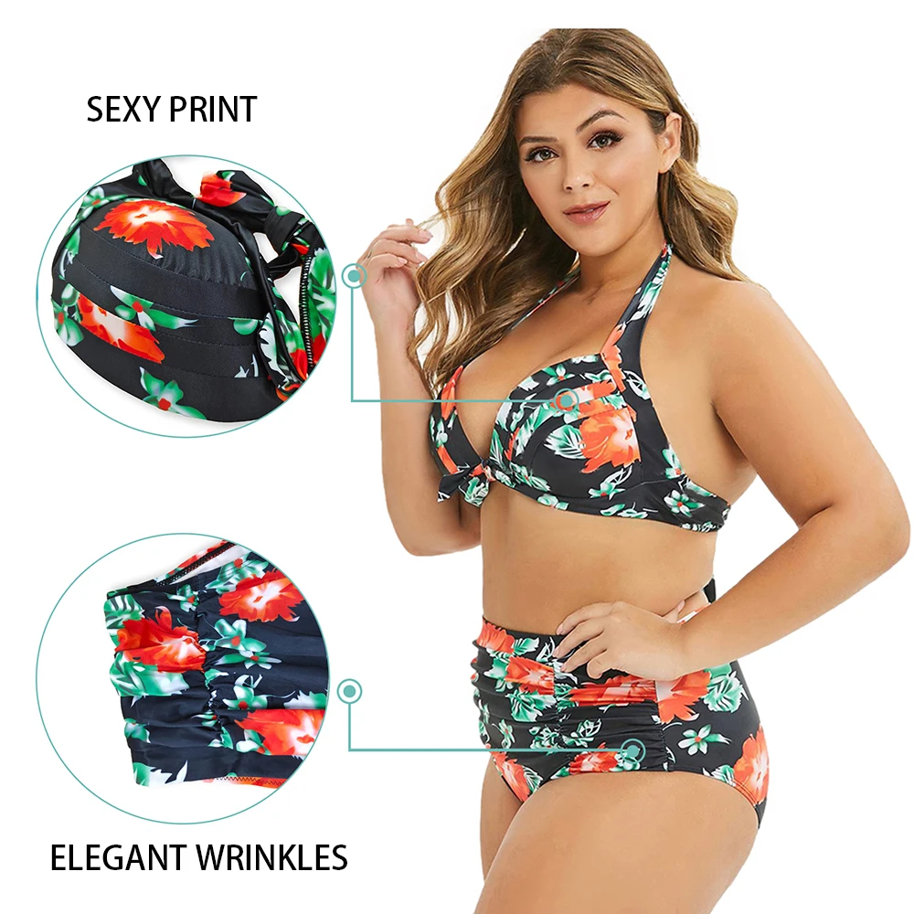 Women's Plus Size Two Piece Floral High Waist Sexy Tummy Control