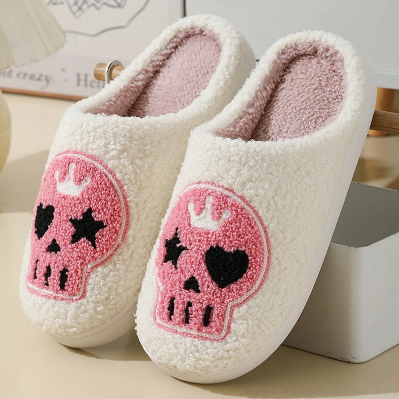 Halloween Plush Slippers Y2k Skull  Black Home Shoes Thick-Soled Furry Cotton Slippers Cute Warm Non-Slip Indoor Slippers 3