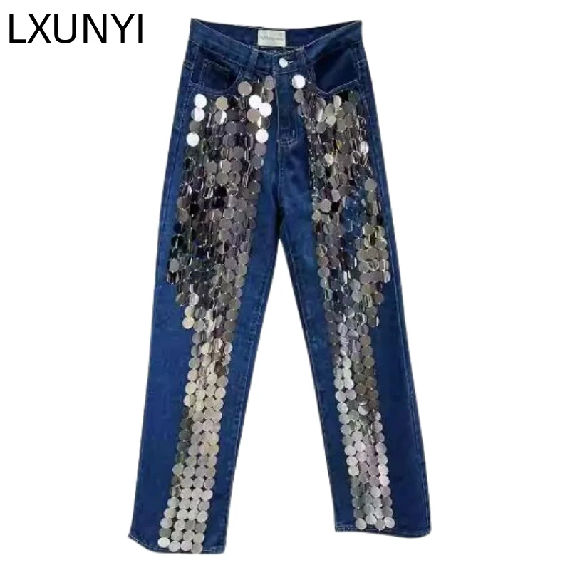 

LXUNYI Spring Summer Fashion Sequined Jeans Woman Personalized Design Heavy Straight Jeans Pants Fashion jeans High Waist 2023