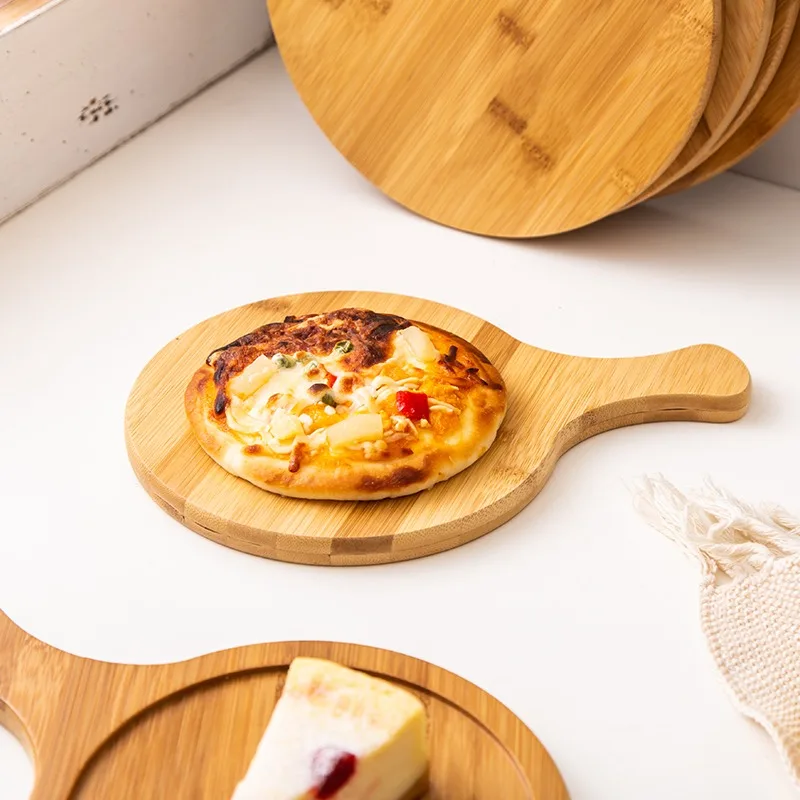 Pizza Board Bamboo Cutting Board with Handle Household Cut Bread Fruit Wooden Round Base Food Tray Durable Kitchen Utensils