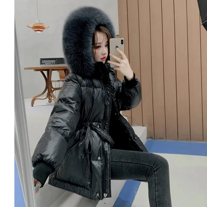 

2022 New down jacket for women, medium length, waistline, large fur collar, 90% white duck down, thickened, high-quality winter