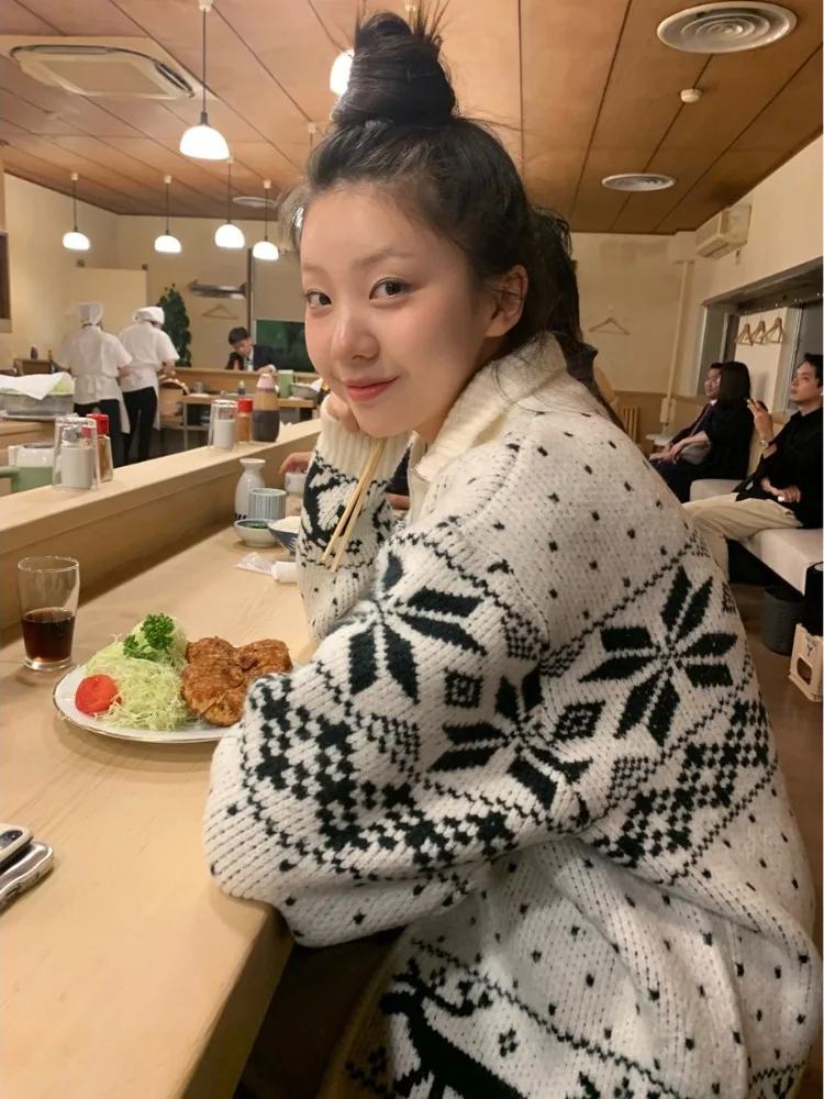 Retro Lazy Sle Cisas Snowflake Embroidery Color Blo Long Sve Loose Sweater Coat Women Autumn Winter Chic Commute S...