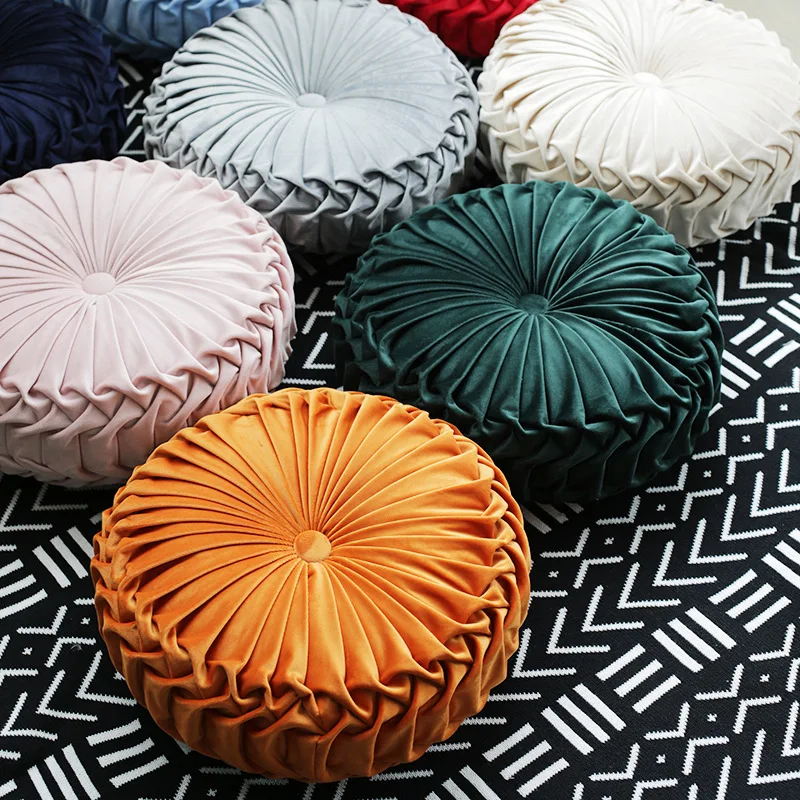 Velvet Pleated Round Throw Pillow - Boho Green Pumpkin Accent Cushion