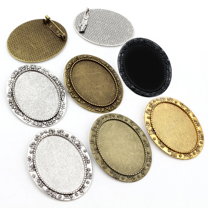 Mode 5 Stück 30x40mm Innengröße Antik Gold / Versilbert Bronze Schwarz Blume Brosche Stifte Cabochon Blank Base Setting Tray