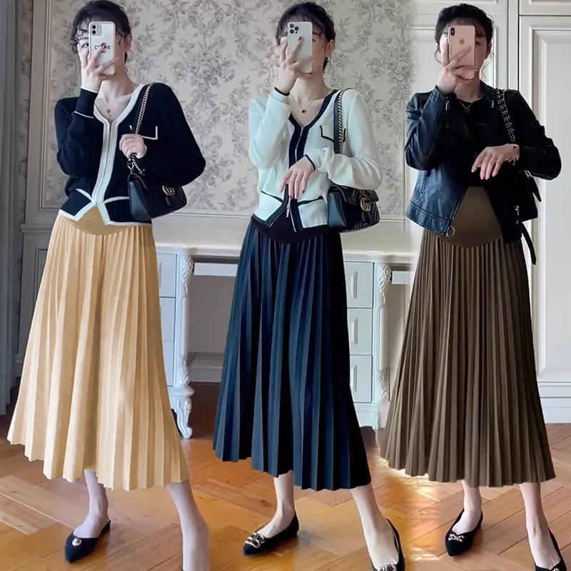 Pregnant Women Skirt Autumn Winter Fashion Pleated A Line Maternity Long Skirts Warm Loose Belly Clothes