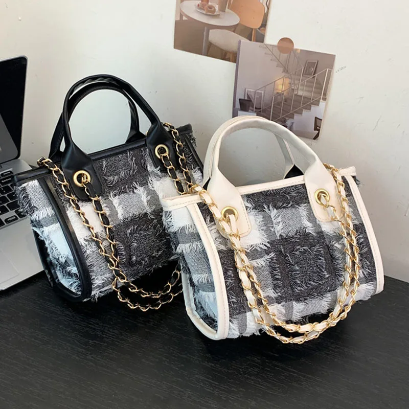 

Маленькая женская сумка-тоут, дизайнерские сумки на ремне с цепочкой, холщовые дамские сумочки в клетку, модная брендовая сумка-шоппер